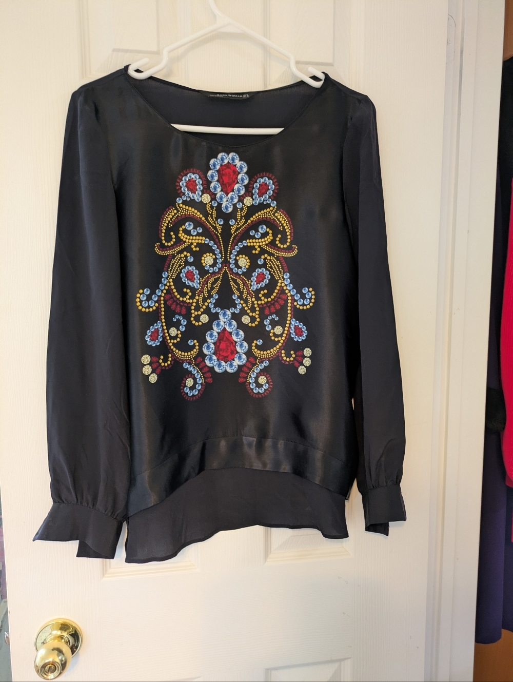 Zara Black Long-Sleeve Blouse with Multicolor Jewel Embellishment